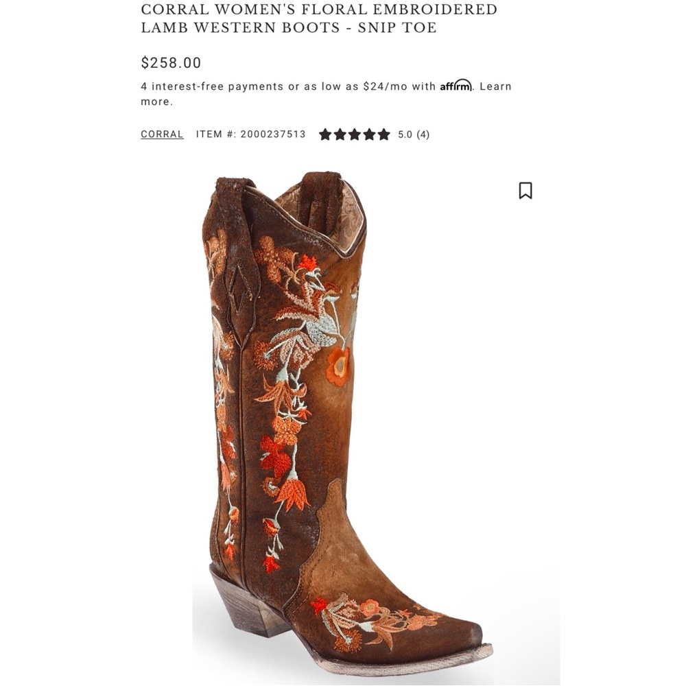 Corral Women’s Lamb Floral Embroidered Cowboy Boots - Picture 8 of 9